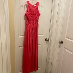 Calvin Klein Coral Lace-Front Maxi Dress with Waist Tie